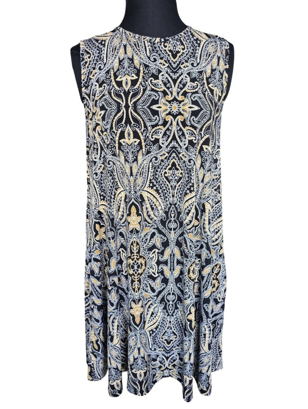 Tahari Black Swing Dress White & Mustard Paisley Print Size S Casual